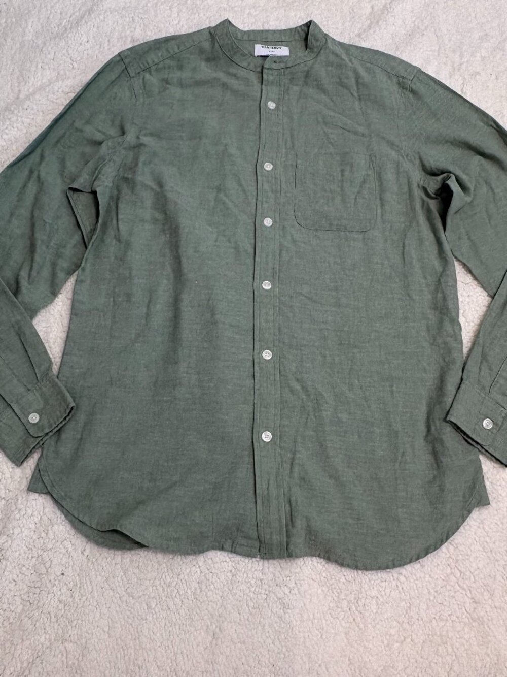 Old Navy Olive Green Linen Blend Banded Collar Shirt Men Size M Tall